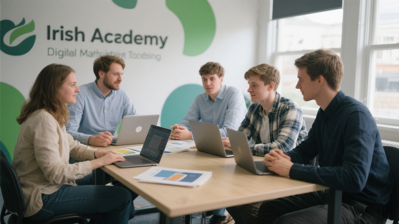 Small digital marketing training team in casual business attire collaborating around a table, with laptops and course materials, representing a young Irish academy.