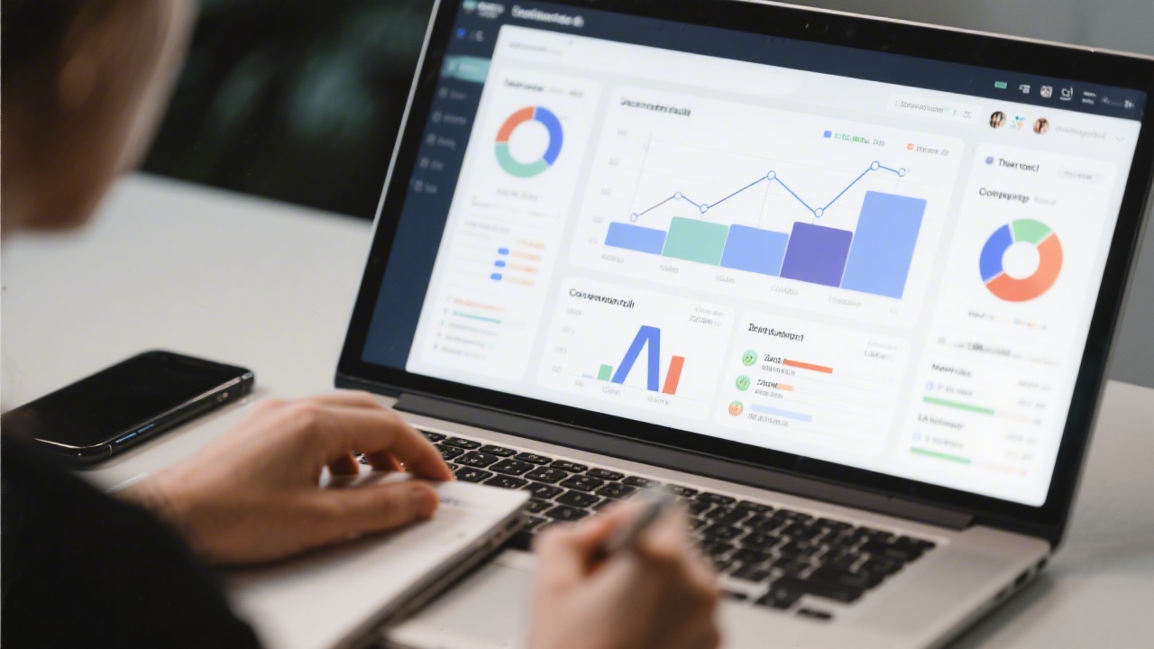 Close view of laptop screen showing analytics dashboards, conversion funnels, and traffic sources, with a marketer’s hands taking notes beside a smartphone.