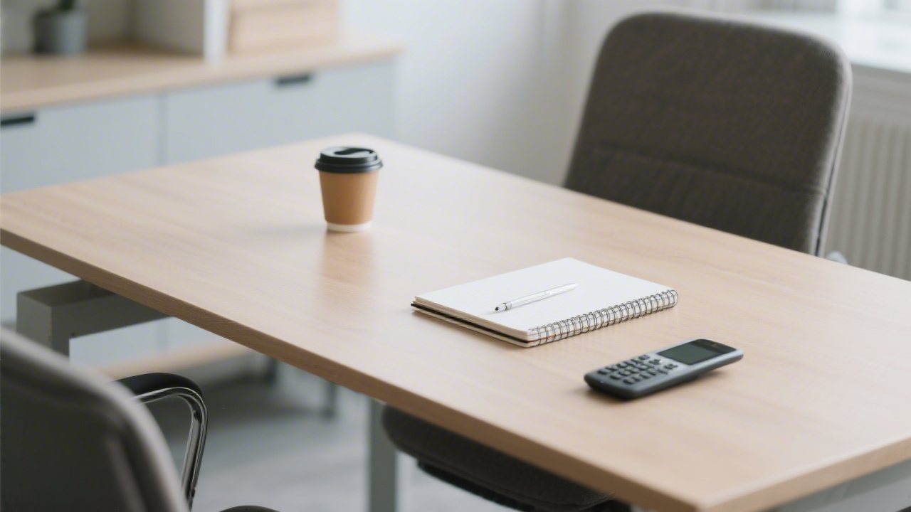 Consultation desk with a notebook, phone, and coffee, ready for a marketing discovery call, conveying a calm and professional client meeting setup.