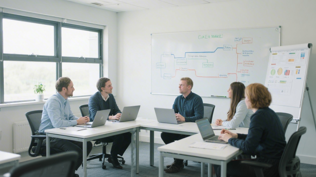 Bright training room with Irish small business owners around laptops reviewing marketing plans, whiteboards with channel diagrams, and a calm professional atmosphere.