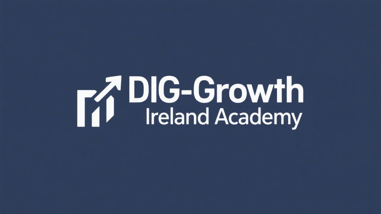 Simple modern wordmark reading DigiGrowth Ireland Academy in clean sans-serif type, with a small upward accent line symbolizing steady growth and clarity.