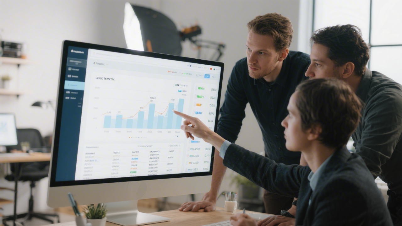 Team reviewing lead tracking spreadsheet on a large monitor, highlighting incremental growth charts and budget allocations in a tidy studio workspace.