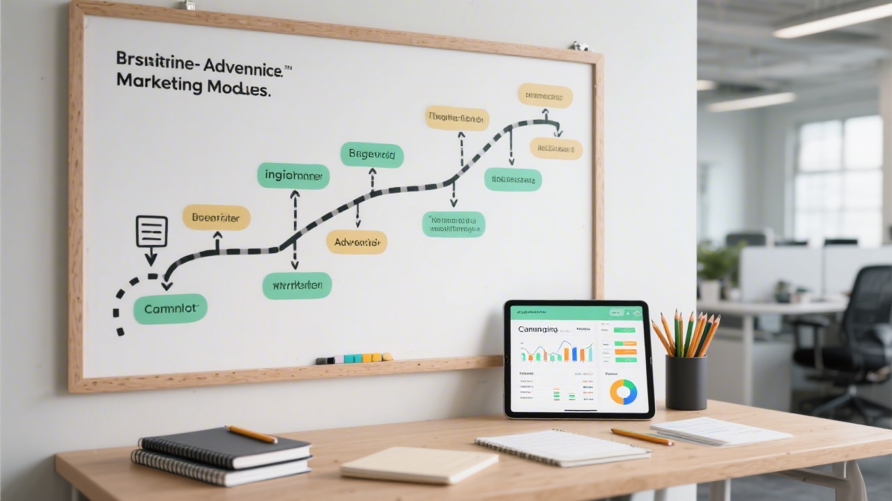 Illustrated pathway board showing beginner to advanced marketing modules, with notebooks, pencils, and a tablet displaying campaign dashboards, photographed in a Dublin office.
