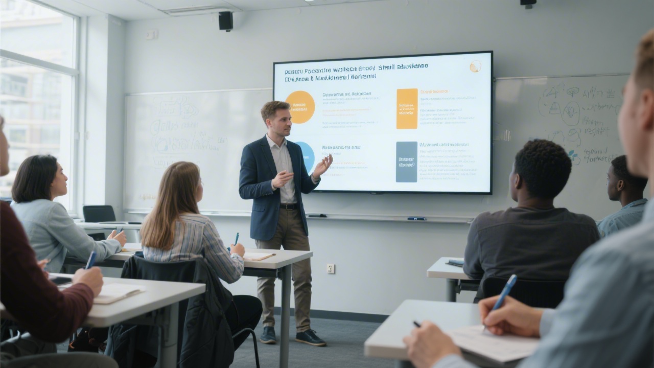 Instructor presenting slides on a large screen in a modern classroom, learners taking notes, highlighting practical workshop delivery for small business marketers.