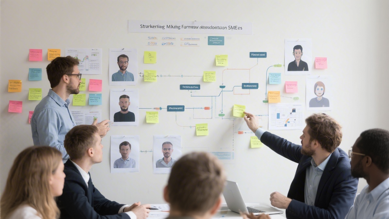 Strategic planning session with printed personas, channel maps, and sticky notes on a wall, showing structured marketing framework development for SMEs.