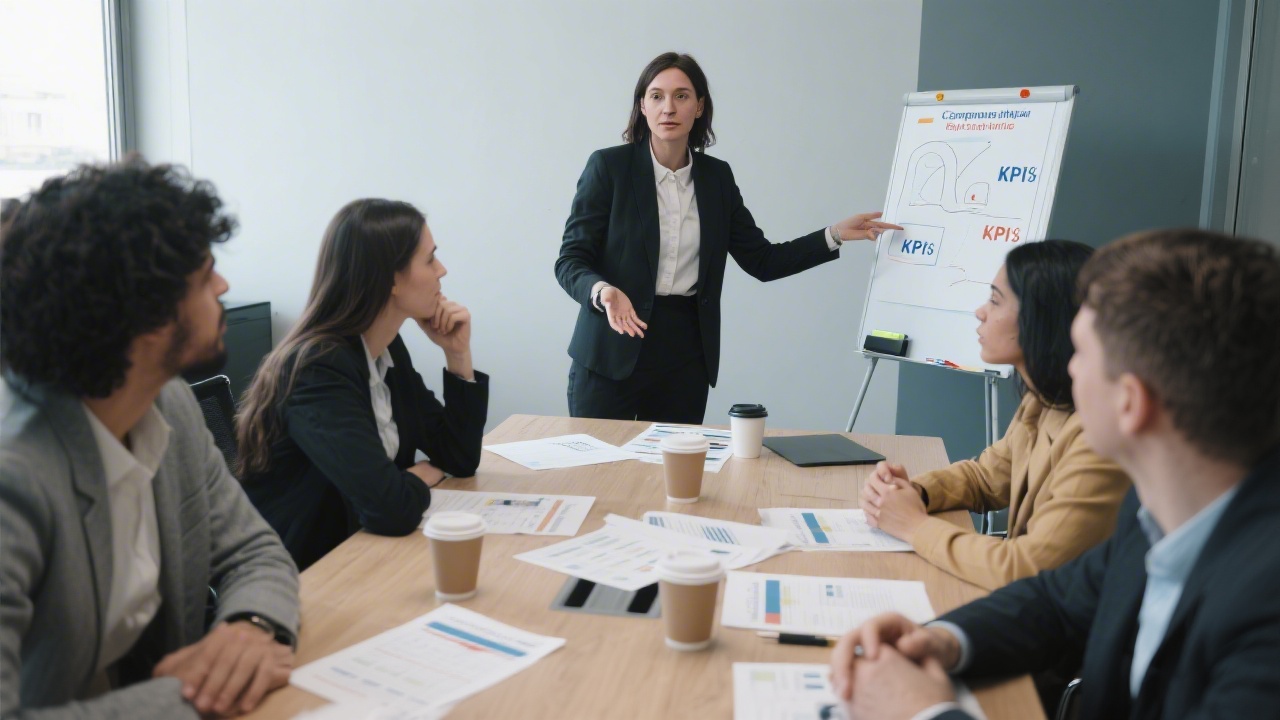 Facilitator guiding a small group through campaign planning, participants discussing objectives and KPIs, printed worksheets and coffee cups on a modern meeting table.